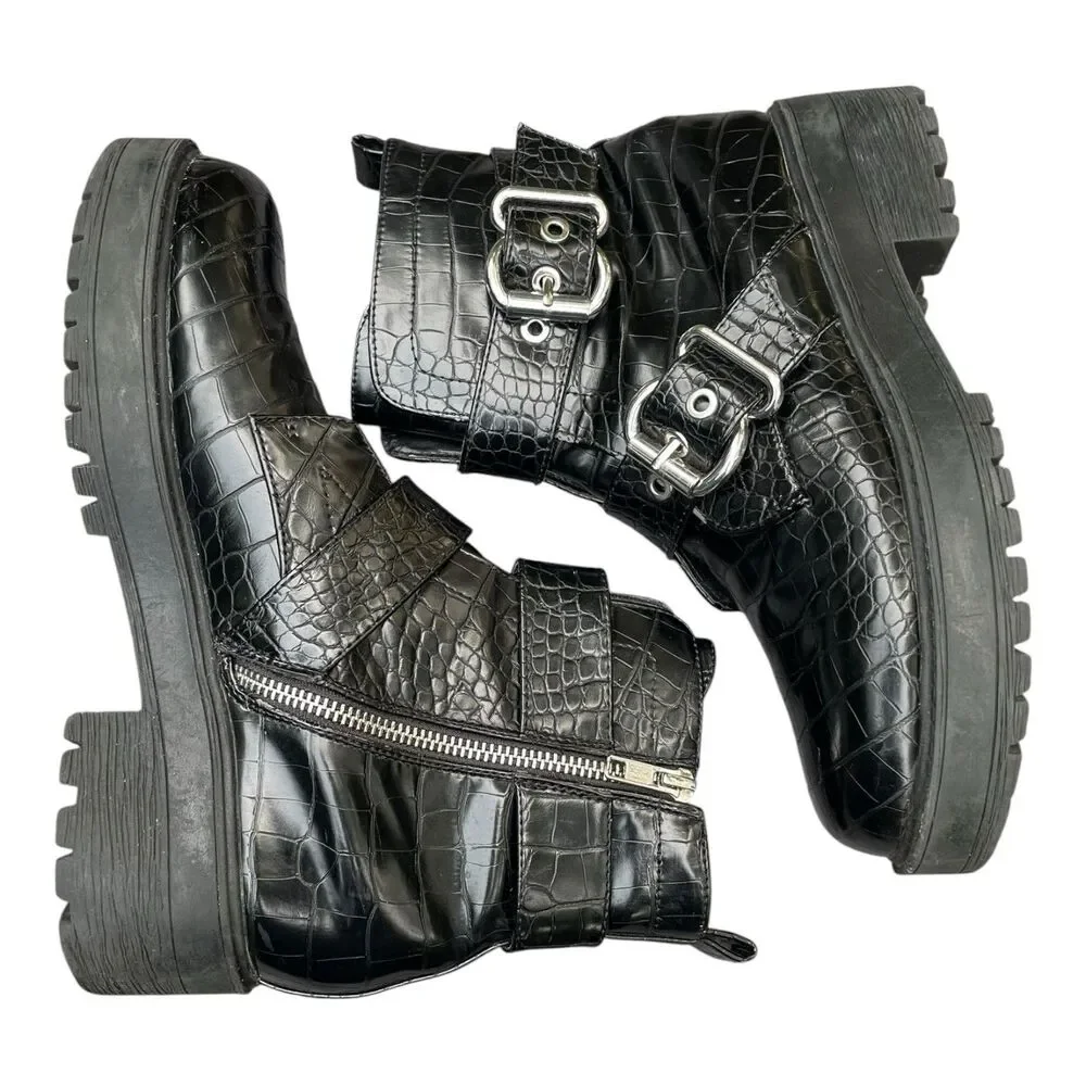 Chunky Moto Goth Punk Rock Aldo Black Patent Mock Croc Combat Boots Size 8.5
